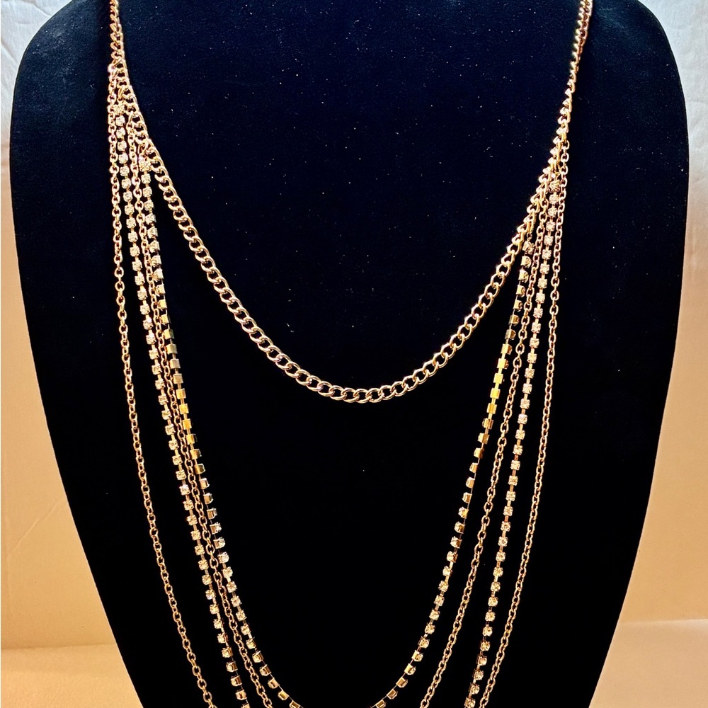 Gorgeous 5 Strand Gold Tone Necklace with 2 Rows of Rhinestones 42” Adjustable